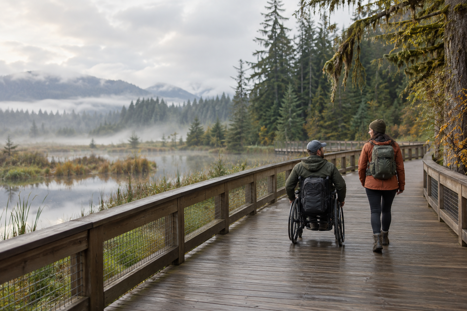 A wheelchair user and companion travel along a wide wetland boardwalk in a misty forest