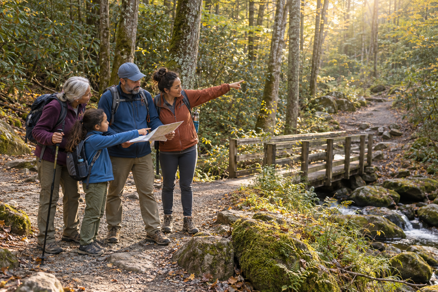 A multigenerational family compares a route beside a forest footbridge