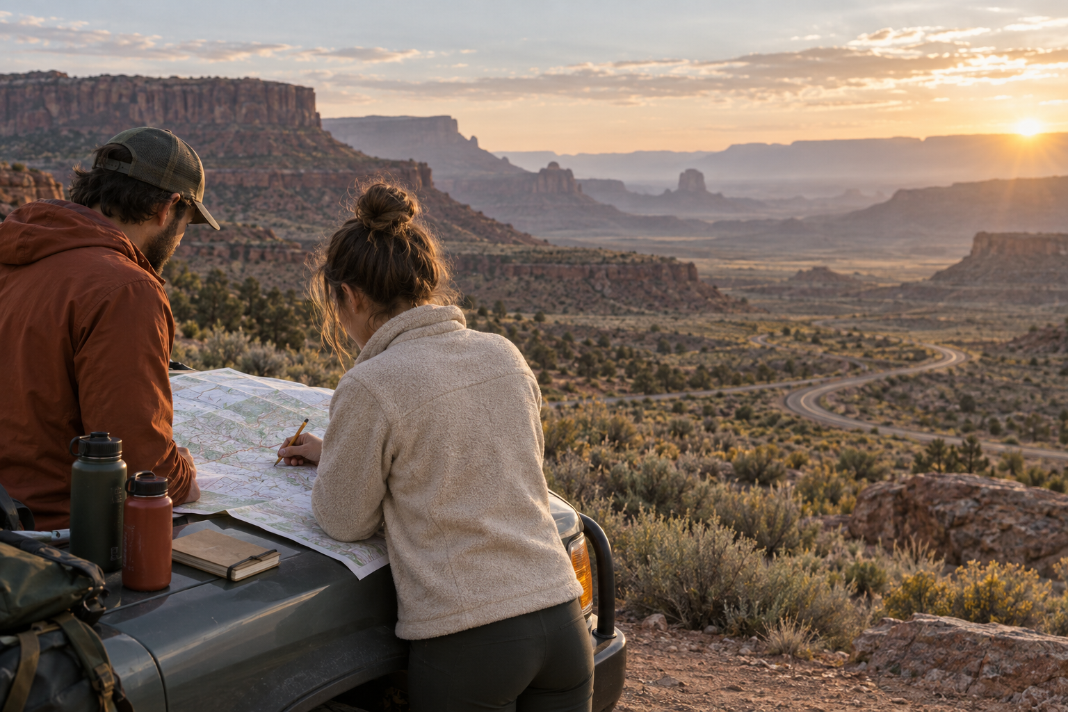 Two travelers mark a topographic route above a high-desert valley in the American West