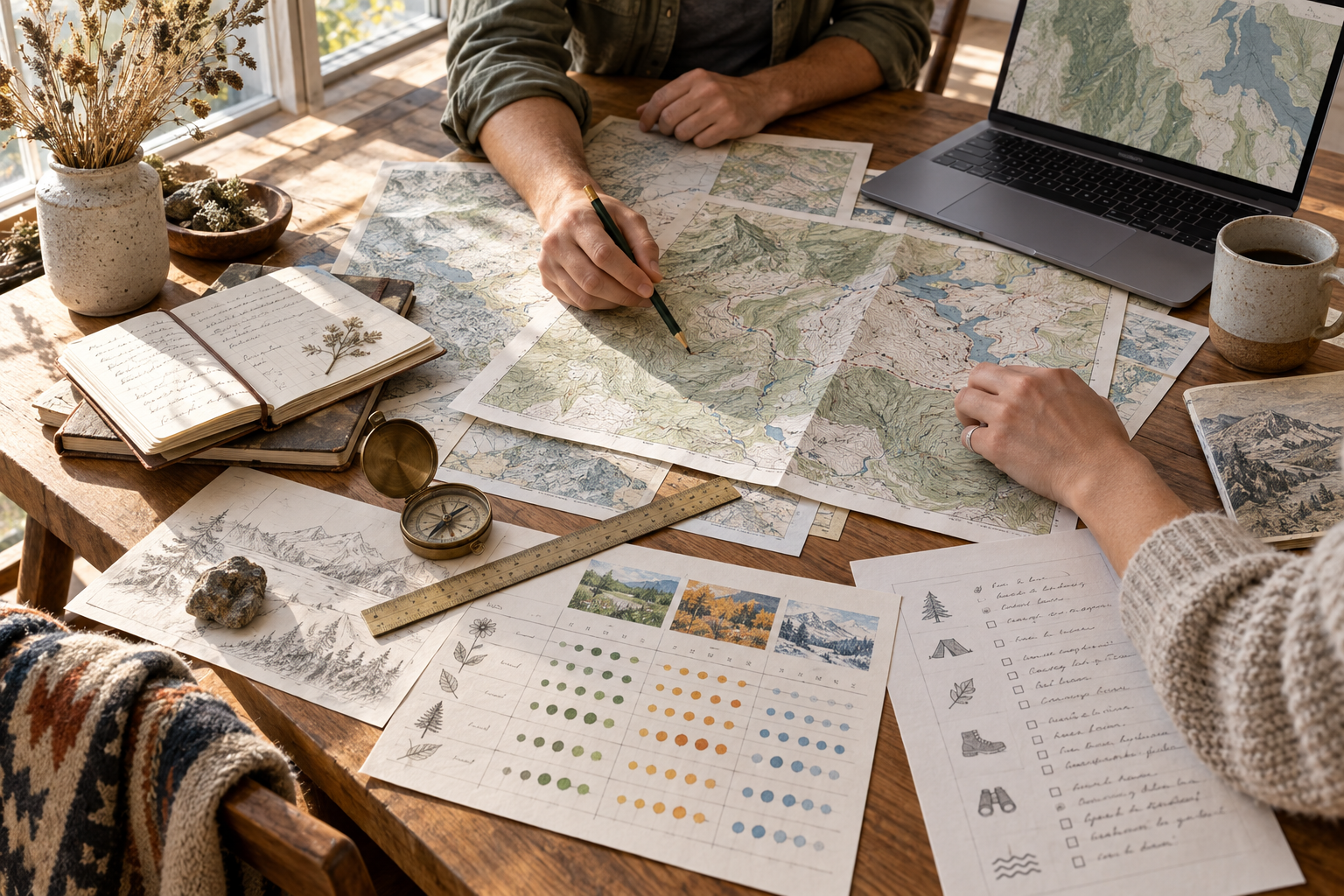 Nature-route planners compare topographic maps and seasonal research at a studio table